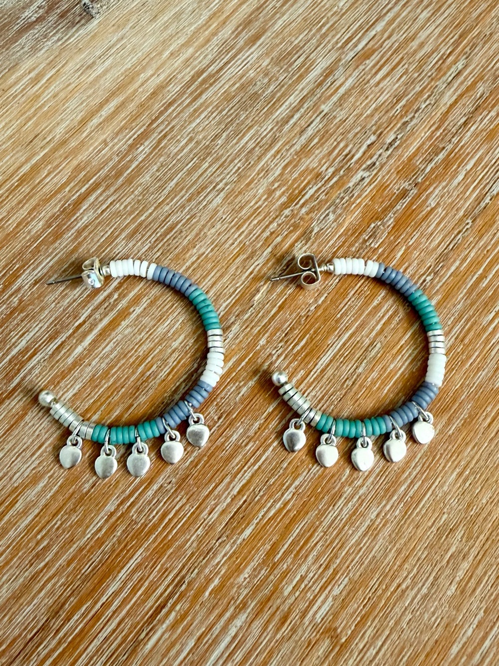 Lucky Brand Teal & White Beaded Hoop Earrings with Silver Charms